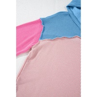 Pink Color Block Patchwork Corded Knit Loose Fit Hooded Blouse - L thumbnail