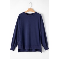 Navy Blue Solid O Neck High Low Hem Pullover Sweatshirt - L thumbnail