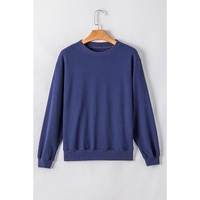 Navy Blue Plain Drop Shoulder Crewneck Pullover Sweatshirt - L thumbnail