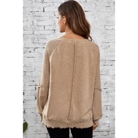 Light French Beige Solid Waffle Knit Patchwork Raglan Sleeve Sweatshirt - 2XL thumbnail