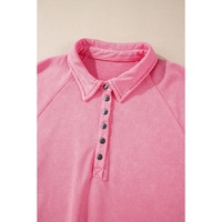 Pink Solid Snap Buttons Collared Balloon Sleeve Oversized Sweatshirt - L thumbnail