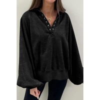 Black Solid Snap Buttons Collared Balloon Sleeve Oversized Sweatshirt - M thumbnail