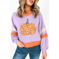 Orchid Bouquet Halloween Floral Pumpkin Color Block V Neck Sweatshirt - L thumbnail