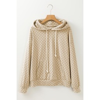 Khaki Checkered Print Kangaroo Pocket Drawstring Hoodie - L thumbnail
