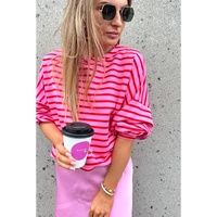 Sachet Pink Striped Print Crew Neck Drop Shoulder Sweatshirt - L thumbnail
