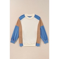 Sky Blue Ribbed Detail Color Block Sleeve Baggy Sweatshirt - L thumbnail