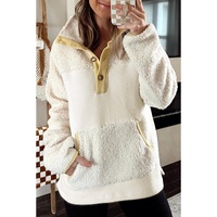 Beige Fleece Colorblock Trim Buttons Collar Sweatshirt with Pocket - M thumbnail