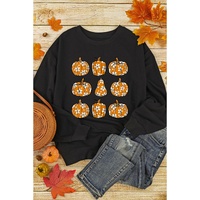 Black Floral Pumpkin Graphic Round Neck Halloween Sweatshirt - M thumbnail