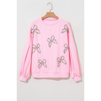 Light Pink Embroidered Bow Lantern Sleeve Oversized Pullover Sweatshirt - 2XL thumbnail