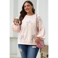 Parchment Embroidered Bow Lantern Sleeve Oversized Pullover Sweatshirt - L thumbnail