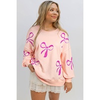 Apricot Pink Sequined Bowknot Drop Shoulder Oversized Sweatshirt - L thumbnail