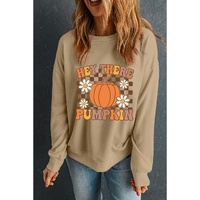 Khaki Floral Checkered Pumpkin Graphic Drop Shoulder Thanksgiving Sweatshirt - M thumbnail