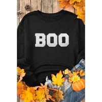 Black Chenille BOO Patched Pattern Crewneck Halloween Sweatshirt - L thumbnail