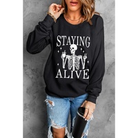 Black STAYING ALIVE Skull Graphic Crewneck Halloween Sweatshirt - S thumbnail