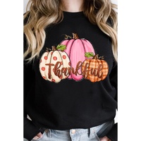 Black Pumpkin Thankful Drop Shoulder Thanksgiving Pullover Sweatshirt - M thumbnail