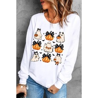 Beige Halloween Ghost Pumpkin Print Crew Neck Sweatshirt - L thumbnail