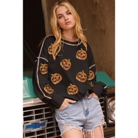 Black Sequin Pumpkin Face Graphic Exposed Seam Halloween Sweatshirt - S thumbnail