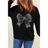 Black Rhinestone Bowknot Graphic Crewneck Pullover Sweatshirt - L thumbnail