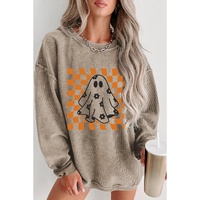 Khaki Checkerboard Floral Ghost Graphic Corded Halloween Sweatshirt - M thumbnail