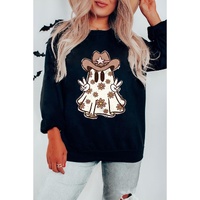 Black Halloween Floral Ghost Print Pullover Graphic Sweatshirt - M thumbnail