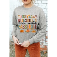 Gray Thanksgiving Slogan Pumpkin Turkey Pie Graphic Sweatshirt - S thumbnail