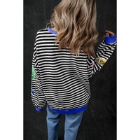 Black Stripe Sequin Rugby Football Drop Shoulder Pullover Sweatshirt - XL thumbnail