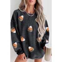 Black Sequin Candy Corn Patched Corded Halloween Sweatshirt - L thumbnail