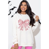 Beige Ghost Bowknot Graphic Crew Neck Drop Shoulder Sweatshirt - M thumbnail