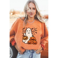 Orange Halloween Ghost Pumpkin Bat Print Corded Pullover Sweatshirt - L thumbnail