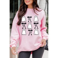 Pink Ghost Bowknot Printed Drop Shoulder Halloween Sweatshirt - S thumbnail