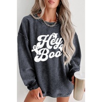 Gray Corded Hey Boo Ghost Graphic Drop Shoulder Halloween Sweatshirt - S thumbnail