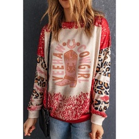 Red YEEHAW COWGIRL Graphic Bleached Scatter Leopard Sleeve Sweatshirt - L thumbnail