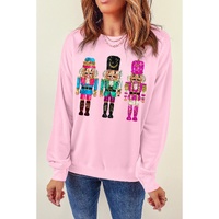 Pink Cute Nutcracker Printed Drop Shoulder Christmas Sweatshirt - S thumbnail