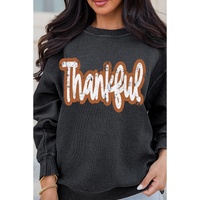 Black Thankful Printed Drop Shoulder Corded Thanksgiving Sweatshirt - M thumbnail