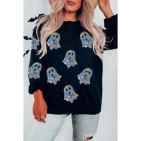 Black Glitter Ghosts Pattern Long Sleeve Halloween Sweatshirt - S thumbnail