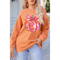 Orange Bow Pumpkin Graphic Crewneck Corded Thanksgiving Sweatshirt - L thumbnail