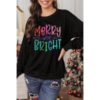 Black Glittering Merry and Bright Graphic Christmas Pullover Sweatshirt - L thumbnail