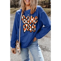 Dark Blue Chenille Checkered Game Day Graphic Drop Shoulder Corded Sweatshirt - XL thumbnail