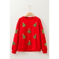 Red Sequin Christmas Tree Graphic Drop Shoulder Sweatshirt - S thumbnail
