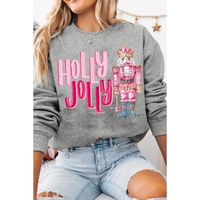 Gray HOLLY JOLLY Nutcracker Print Crew Neck Christmas Sweatshirt - S thumbnail