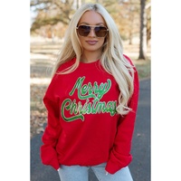 Red Merry Christmas Crewneck Drop Shoulder Loose Sweatshirt - 2XL thumbnail