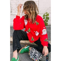Red Santa Claus Christmas Tree Patched Pattern Drop Shoulder Sweatshirt - L thumbnail