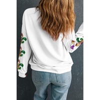 Beige Sequin Mardi Gras Patched Pattern Fleur de Lis Sleeve Sweatshirt - L thumbnail