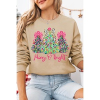 Khaki Merry & Bright Christmas Tree Print Pullover Sweatshirt - M thumbnail