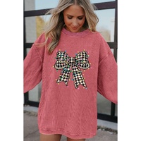 Strawberry Pink Checkered Bow Print Ribbed Crew Neck Pullover Sweatshirt - L thumbnail