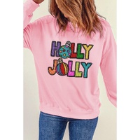 Pink HOLLY JOLLY Christmas Festive Letter Graphic Sweatshirt - M thumbnail