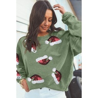 Grass Green Sequined Christmas Hat Graphic Winter Corded Sweatshirt - L thumbnail