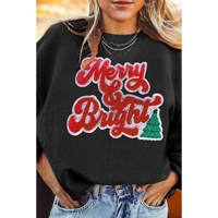 Black Merry & Bright Christmas Tree Pattern Corded Baggy Sweatshirt - 3XL thumbnail