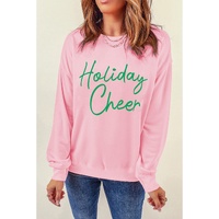 Pink Holiday Cheer Letter Graphic Christmas Slogan Sweatshirt - M thumbnail