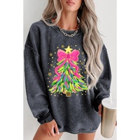 Gray Stunning Christmas Tree Printed Drop Shoulder Corded Sweatshirt - M thumbnail